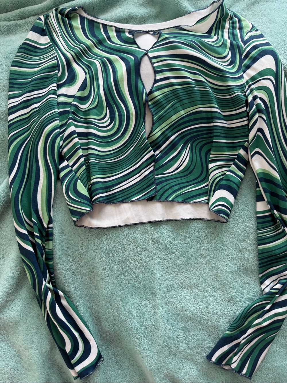 SHEIN Green White Navy Swirl Crop Top